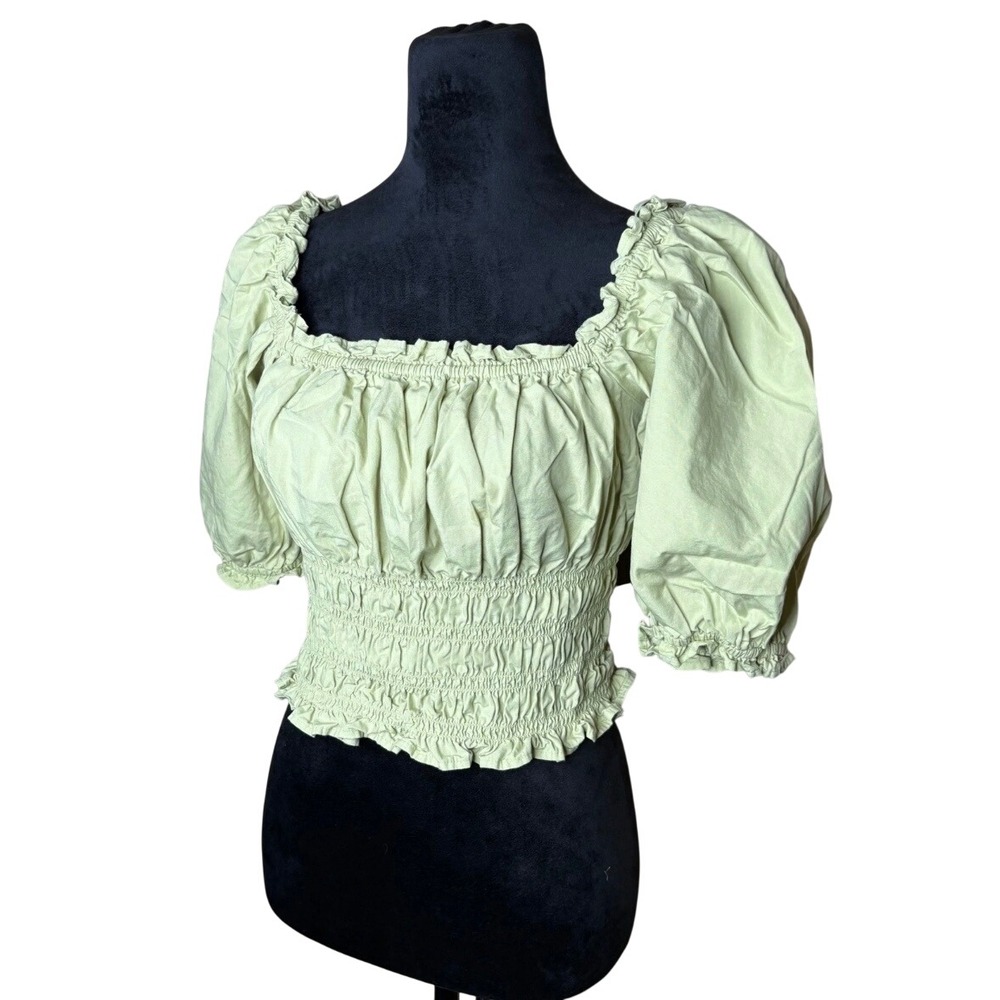Levis Womens Green Smocked Puff Sleeve Square Neck Crop Top Large